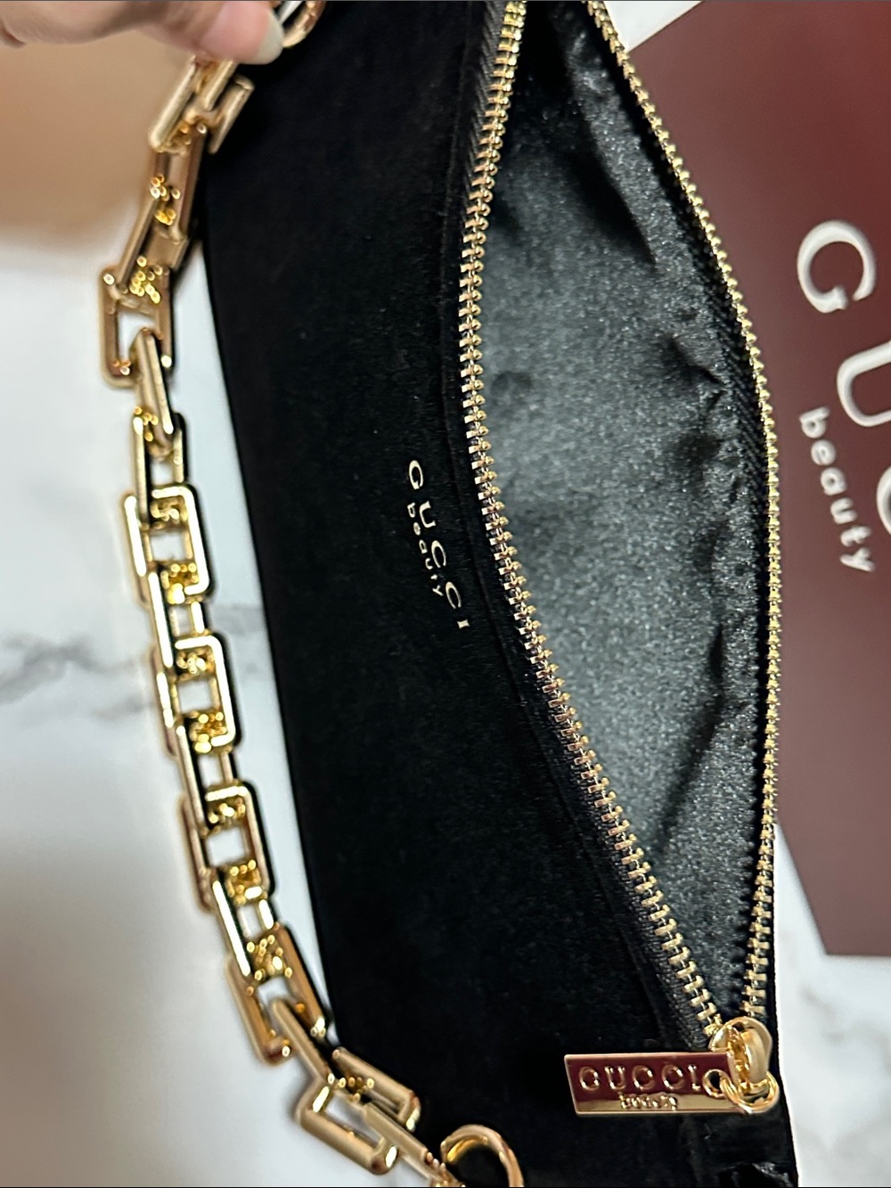 Gucci Black Velvet Cosmetic Pouch with Gold Accents, added Golden chain 🤩🖤 - Picture 12 of 12